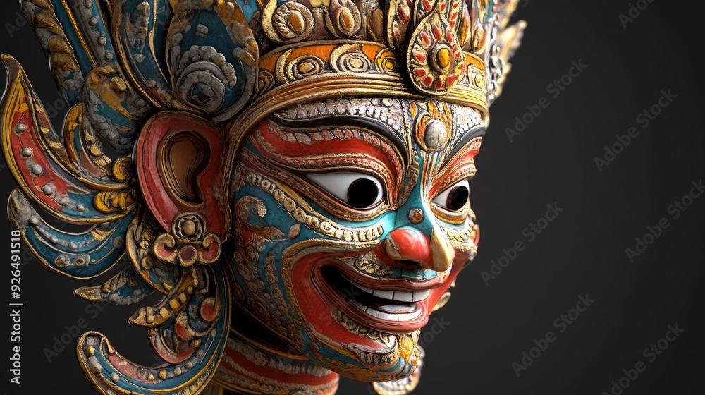 Detailed 3D view of a Thai dance mask, capturing the fine craftsmanship and vibrant colors of traditional performance art. Detailed 3D view of a Thai dance mask, capturing the fine craftsmanship and vibrant colors of traditional performance art.