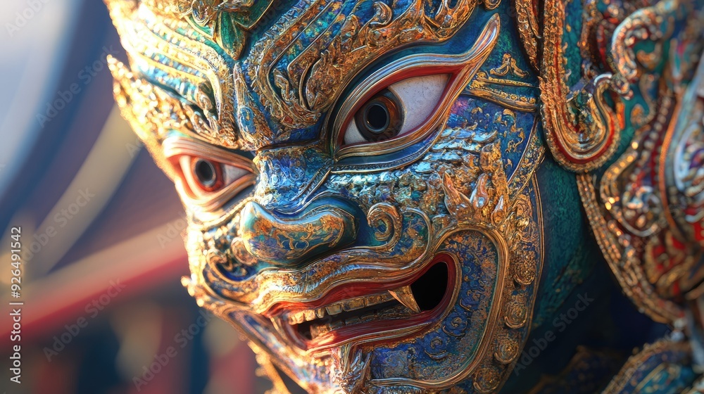 Detailed 3D view of a Thai dance mask, capturing the fine craftsmanship and vibrant colors of traditional performance art.