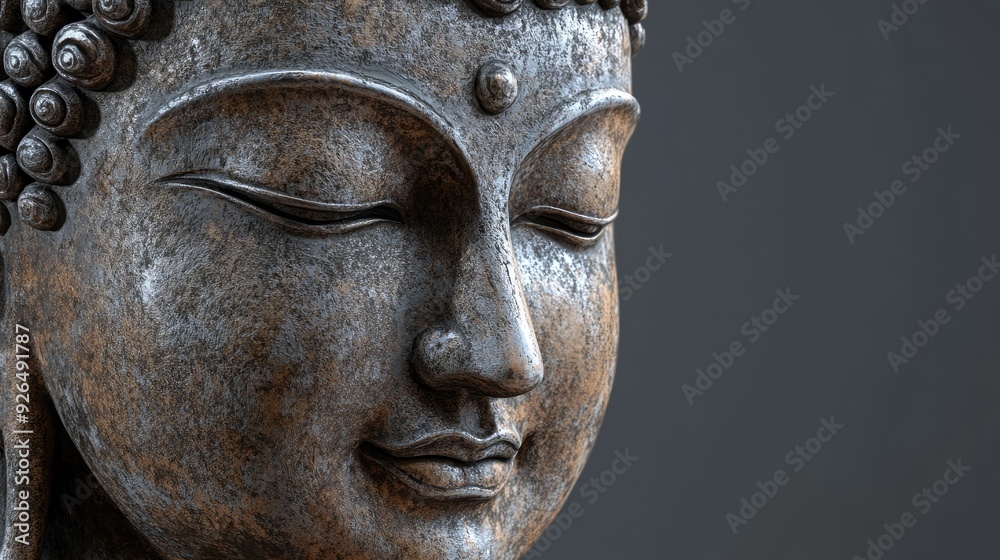 Detailed 3D view of a traditional Thai Buddha statue, focusing on the serene expression and fine detailing of the face. Detailed 3D view of a traditional Thai Buddha statue, focusing on the serene expression and fine detailing of the face.