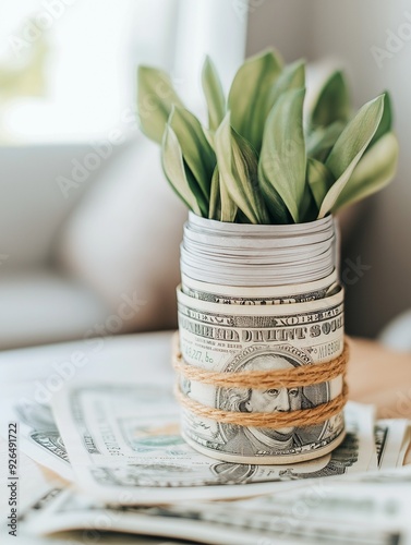 Green paper wealth blooming in pot, on table, and tree - nature's currency growth for finance photo