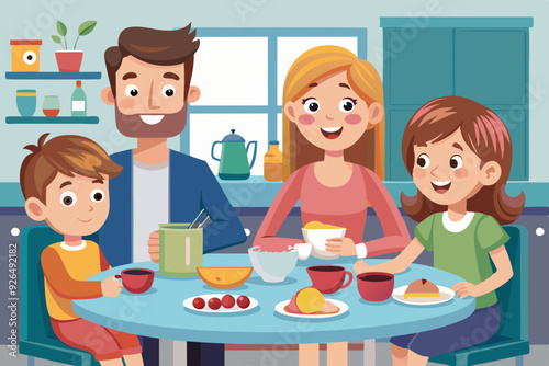 Happy family eating in the kitchen. Father, mother, son and daughter have breakfast at the table at home
