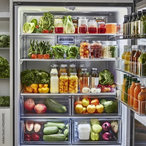 Fresh and Vibrant: Neatly Organized Fully Stocked Refrigerator with Colorful Produce and Dairy