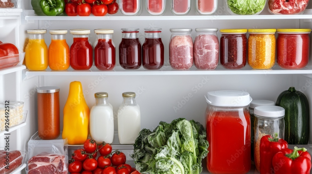 Fresh and Organized: Neatly Arranged Foods in a Well-Stocked Refrigerator Fresh and Organized: Neatly Arranged Foods in a Well-Stocked Refrigerator