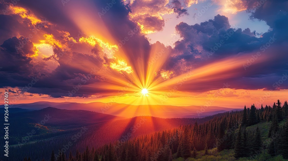 Dramatic sunset with colorful clouds and beams of light breaking through, casting a magical glow over a forested landscape. Dramatic sunset with colorful clouds and beams of light breaking through, casting a magical glow over a forested landscape.
