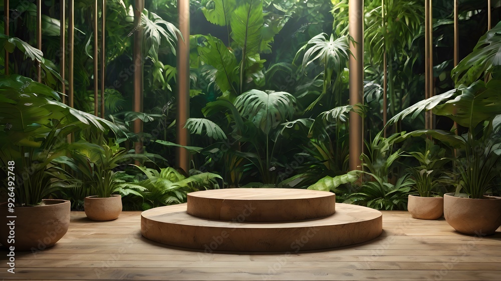 Fototapeta premium A serene indoor garden with circular platform and lush greenery in a tranquil, natural setting