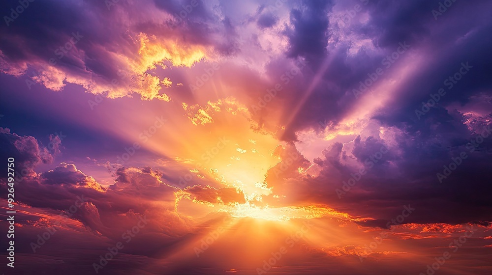 Fototapeta premium Dramatic sunset with storm clouds and sunlight breaking through, casting rays of gold and purple across the sky.