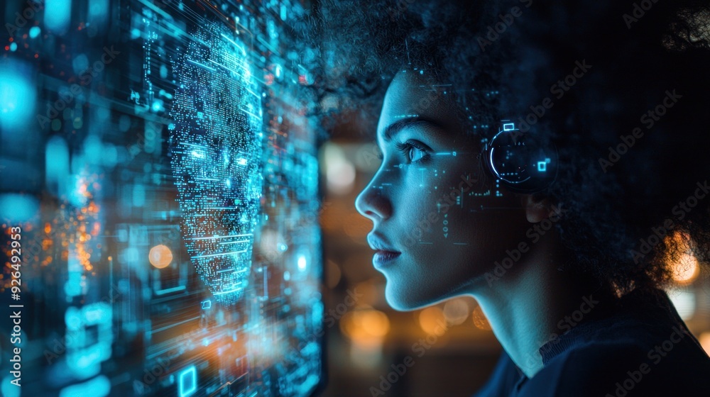 Futuristic concept showing a person using an advanced communication device with a realistic digital avatar. The avatar mimics human emotions, creating the feeling of a real-life conversation despite