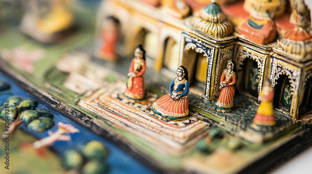 Fototapeta premium Focused shot of a hand-painted Indian miniature painting, with rich colors and fine brushwork visible in every detail.