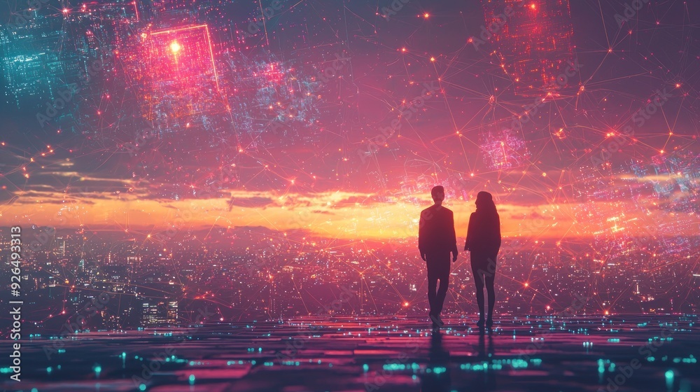 Conceptual scene of a couple talking through holographic devices with glowing screens connecting them across a futuristic landscape. The digital effects highlight the emotional warmth of the Conceptual scene of a couple talking through holographic devices with glowing screens connecting them across a futuristic landscape. The digital effects highlight the emotional warmth of the