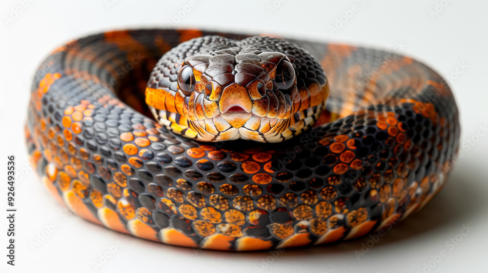 A snake with a black head and orange body. The snake is looking at the camera A snake with a black head and orange body. The snake is looking at the camera