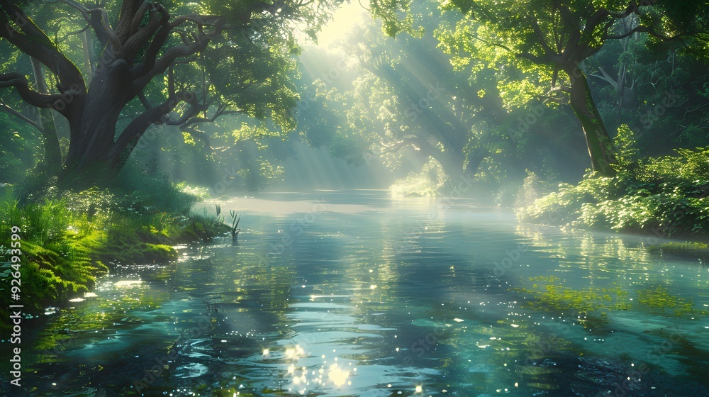 A sacred ceremony with John baptizing Jesus in a calm river, surrounded by lush greenery, celestial light shining down on them, clear water with gentle ripples, A sacred ceremony with John baptizing Jesus in a calm river, surrounded by lush greenery, celestial light shining down on them, clear water with gentle ripples,