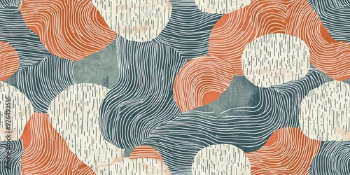 Textured Wallpaper Pattern in Organic Geometric Style with Random Pantone Colors and White Lines Reminiscent of Japanese Bohemian Nordic Boho Woodblock Prints