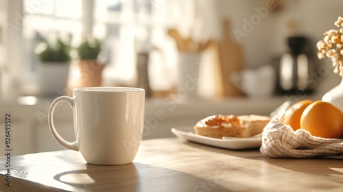 White mug of coffee on a wooden table with pastry, oranges and a towel in the background.