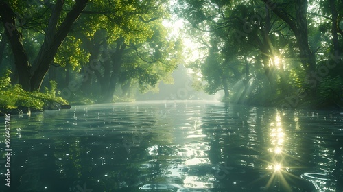 A sacred ceremony with John baptizing Jesus in a calm river, water cascading over Jesus, sunlight breaking through the tree canopy, creating a halo effect, clear water with gentle ripples,