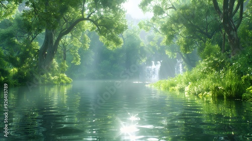 A sacred ceremony with John baptizing Jesus in a calm river, water cascading over Jesus, sunlight breaking through the tree canopy, creating a halo effect, clear water with gentle ripples,