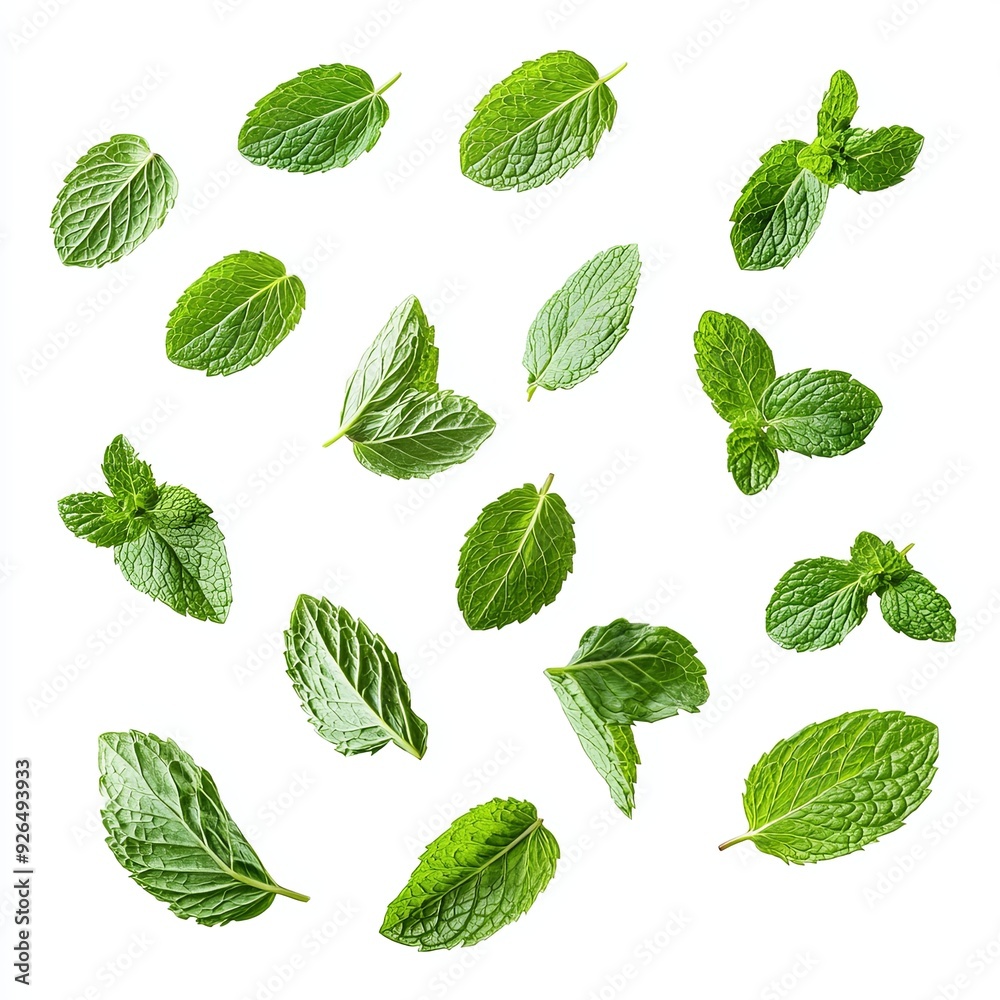 A bunch of fresh mint leaves, floating in the air, with some leaves rotated to show both sides, creating a refreshing visual, isolated on a white background A bunch of fresh mint leaves, floating in the air, with some leaves rotated to show both sides, creating a refreshing visual, isolated on a white background