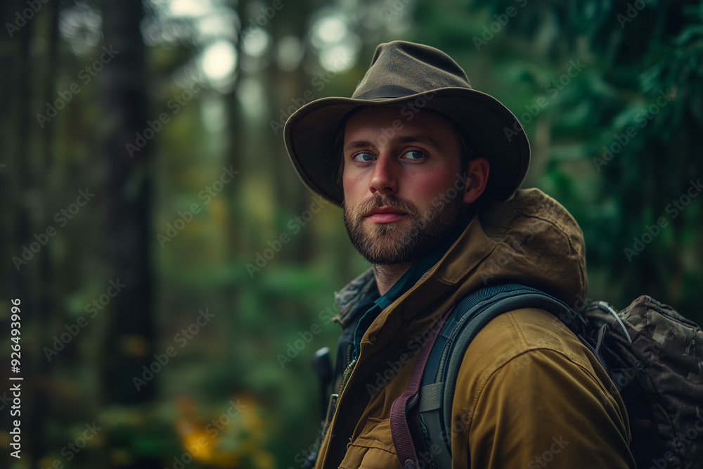 Portrait of forester man in the forest with backpacker, Scout man hiking to the jungle, Selective focus trekking man. Portrait of forester man in the forest with backpacker, Scout man hiking to the jungle, Selective focus trekking man.