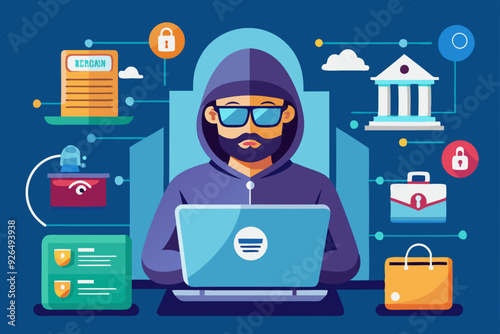 Internet fraud. Hacker behind a laptop monitor. Phishing and online surveillance. Identity theft and hacking of bank
