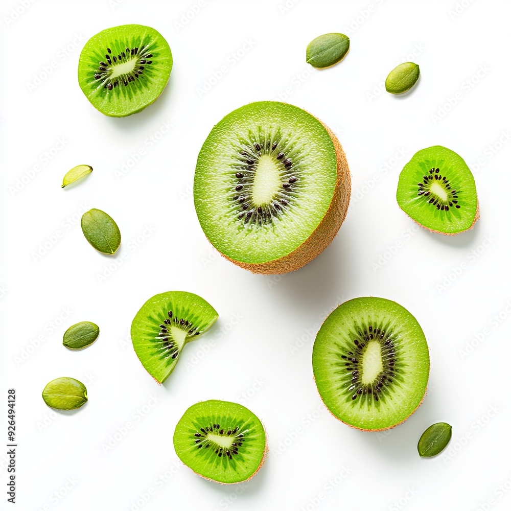 Fototapeta premium A whole kiwi, sliced in half with some thin slices floating around, showing the bright green flesh and tiny seeds, isolated on a white background
