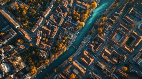 Overhead shot of the historic cityscape of Zurich, with its blend of modern architecture and historic landmarks.