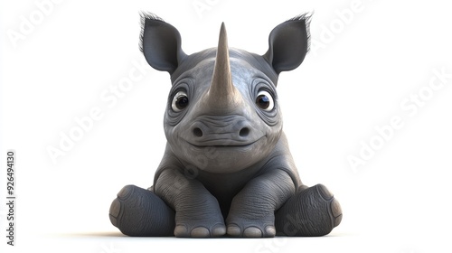 A 3D rendering of an adorable baby rhino with big eyes, sitting on a white background