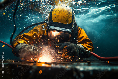 Portrait underwater welder man with scuba equipment, Underwater welding risky job concept.	
