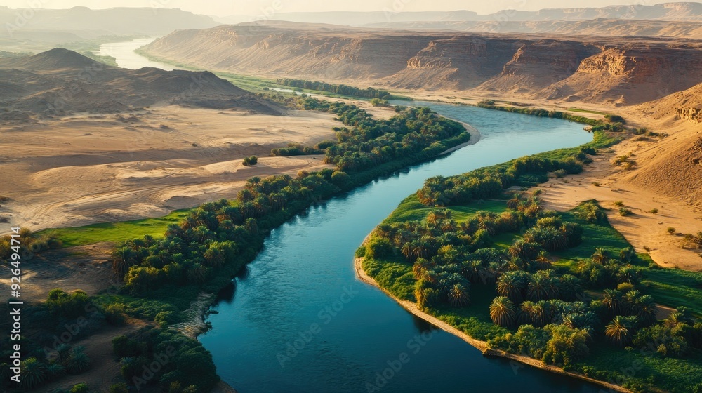 Fototapeta premium Overhead view of the Nile River winding through Egypt, with lush greenery on its banks contrasting with the arid desert landscape.