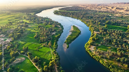 Overhead view of the Nile River winding through Egypt, with lush greenery on its banks contrasting with the arid desert landscape.