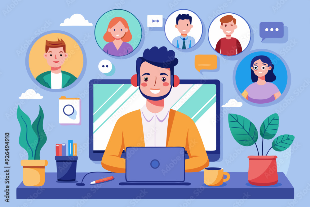 Video conference. Business communication with colleagues online. A man being at home communicates
Video conference. Business communication with colleagues online. A man being at home communicates