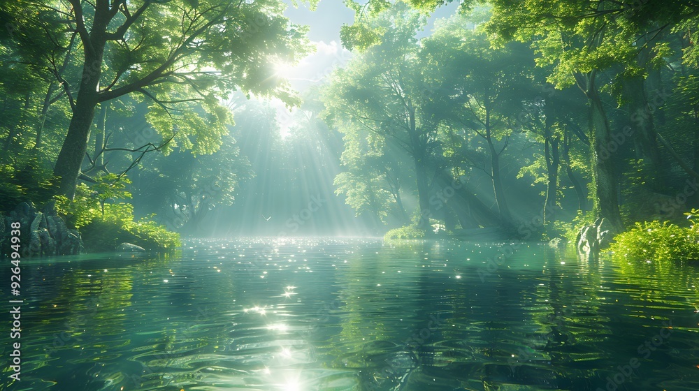 A serene river scene with John baptizing Jesus, reflections of the sky and trees on the water's surface, sunlight filtering through the trees, creating a divine effect,