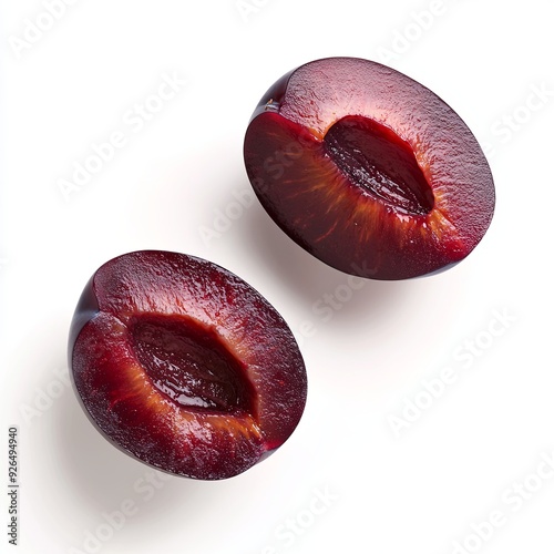 A ripe plum, sliced in half with the pit visible, floating with a slight rotation, showing the juicy, dark red flesh, isolated on a white background photo