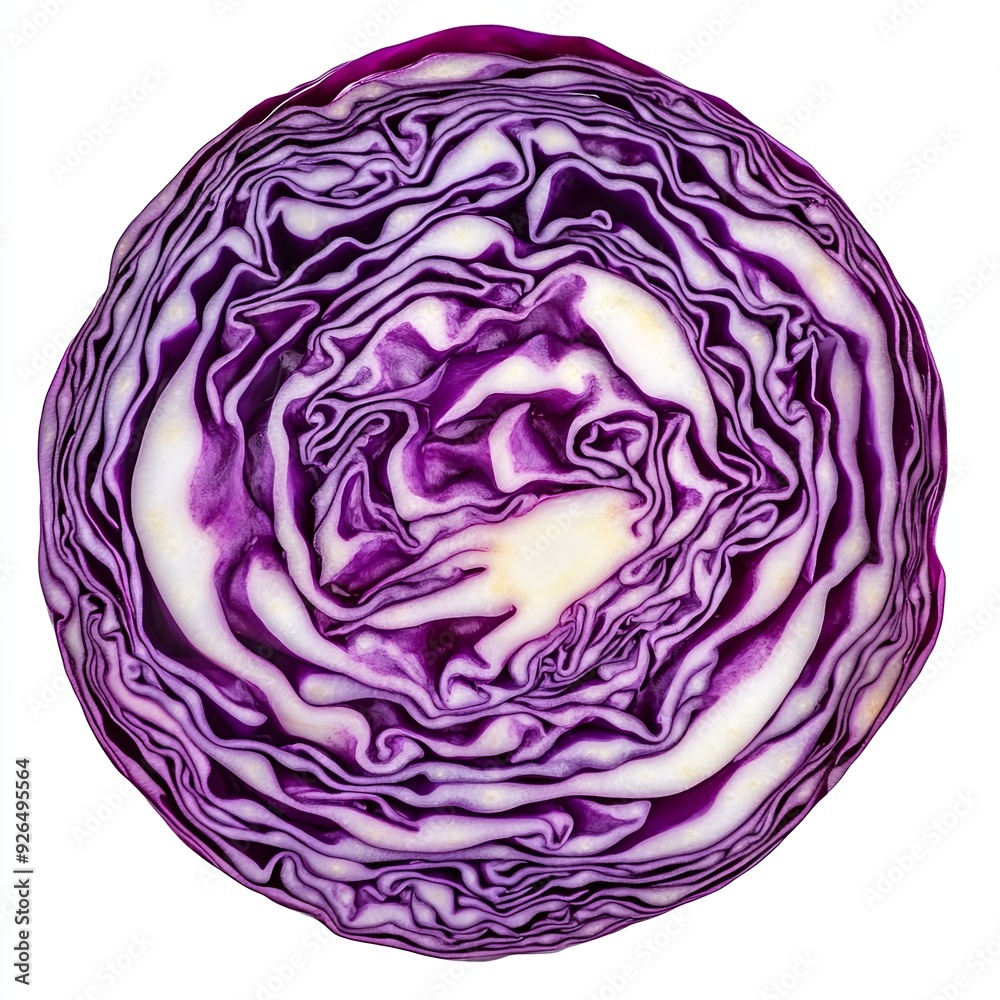 A whole red cabbage, sliced into thin rounds, floating with layers slightly separated, showing the vibrant purple color and crisp texture, isolated on a white background A whole red cabbage, sliced into thin rounds, floating with layers slightly separated, showing the vibrant purple color and crisp texture, isolated on a white background