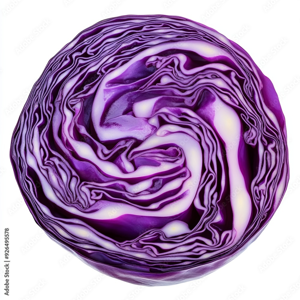 A whole red cabbage, sliced into thin rounds, floating with layers slightly separated, showing the vibrant purple color and crisp texture, isolated on a white background A whole red cabbage, sliced into thin rounds, floating with layers slightly separated, showing the vibrant purple color and crisp texture, isolated on a white background