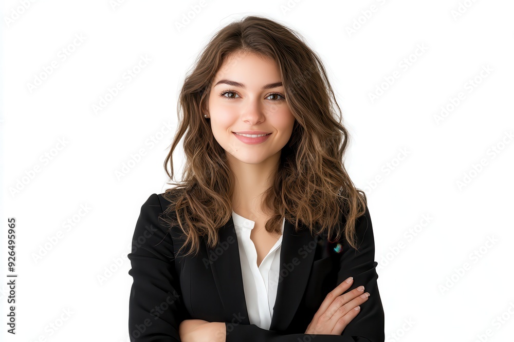 Confident businesswoman in a black suit with arms crossed, smiling and looking at the camera, isolated on a white background. Confident businesswoman in a black suit with arms crossed, smiling and looking at the camera, isolated on a white background.