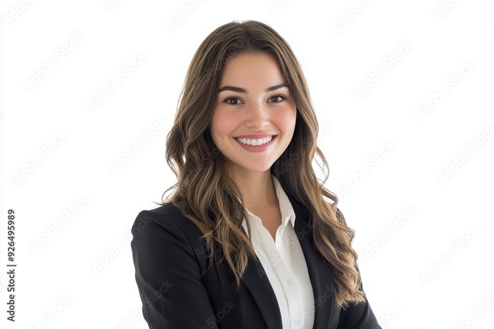 Professional woman smiling in a business suit. Confident and approachable corporate portrait on a white background. Professional woman smiling in a business suit. Confident and approachable corporate portrait on a white background.