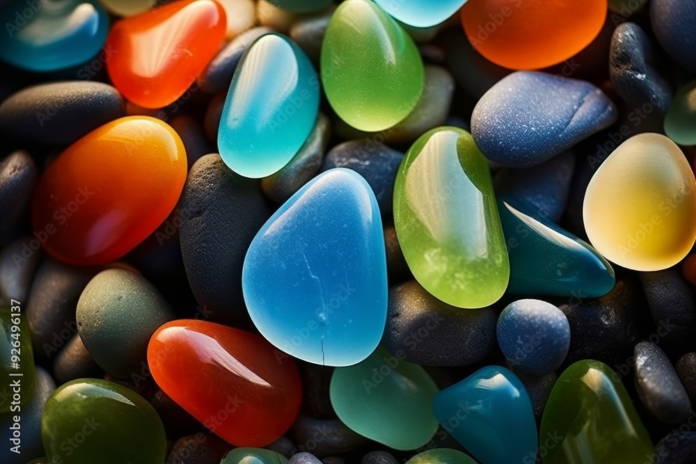 Vibrant close-up of colorful sea glass stones. Vibrant close-up of colorful sea glass stones.