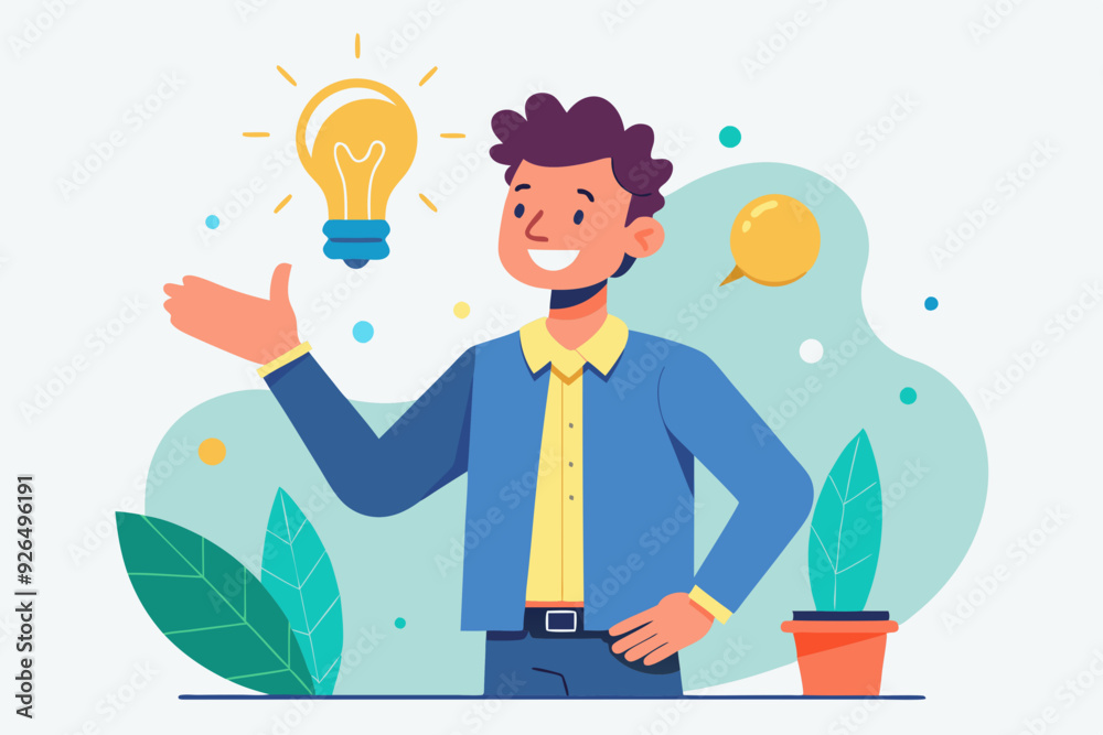 Concept of a great idea. Man shows gesture. Solution of the problem. Vector illustration
Concept of a great idea. Man shows gesture. Solution of the problem. Vector illustration