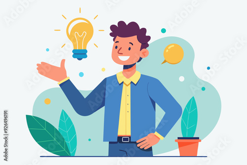 Concept of a great idea. Man shows gesture. Solution of the problem. Vector illustration
