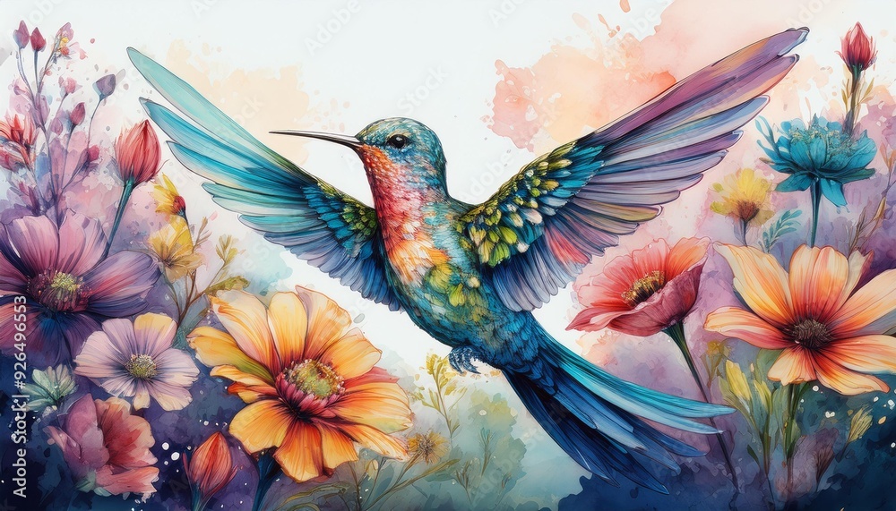 Obraz premium A pastel painting featuring a delicate hummingbird hovering among a vibrant array of colorfu
