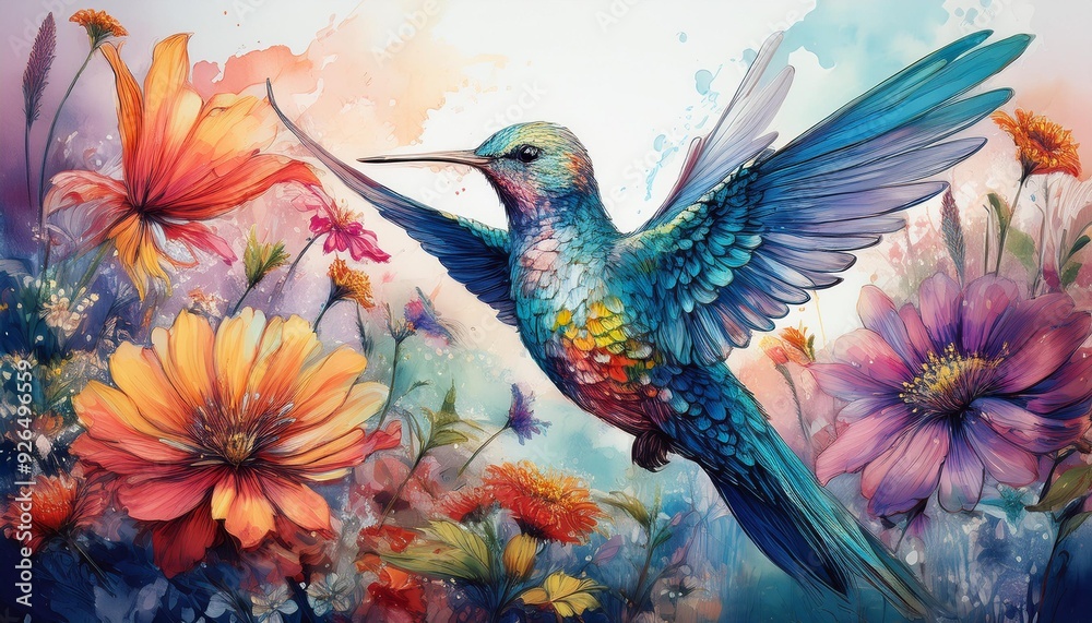A pastel painting featuring a delicate hummingbird hovering among a vibrant array of colorfu A pastel painting featuring a delicate hummingbird hovering among a vibrant array of colorfu