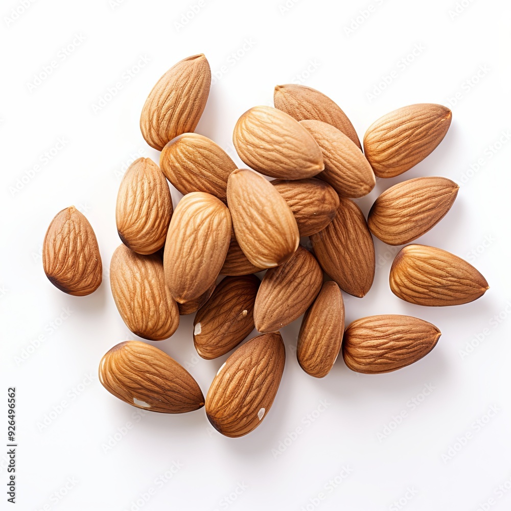 A handful of almonds on a white background. The almonds are arranged in a circle with one split in half. They are natural and unroasted with a slightly rough texture. A handful of almonds on a white background. The almonds are arranged in a circle with one split in half. They are natural and unroasted with a slightly rough texture.