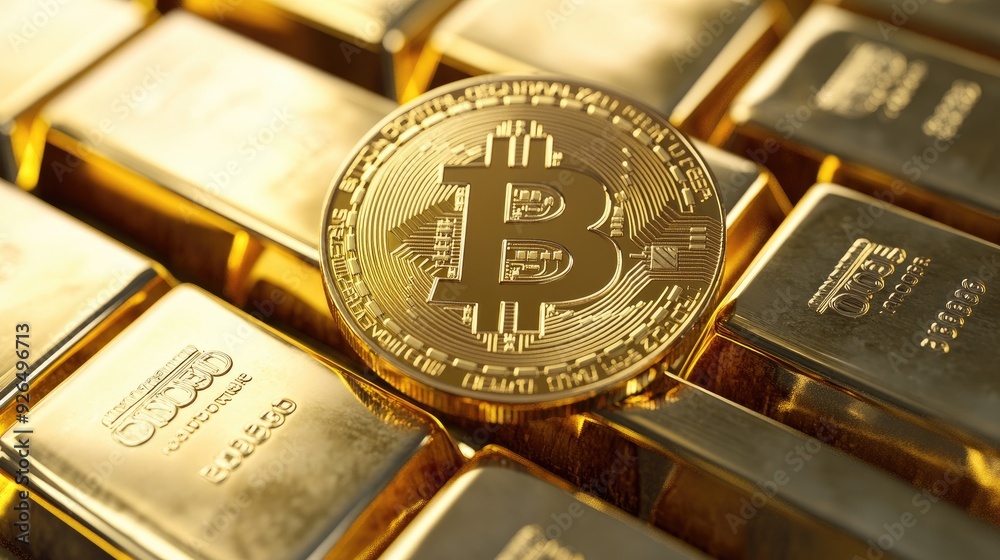Bitcoin sitting on gold bars, representing the new age of digital currency alongside traditional wealth in a powerful visual Bitcoin sitting on gold bars, representing the new age of digital currency alongside traditional wealth in a powerful visual