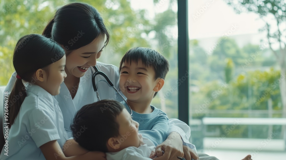 A healthcare professional shares a joyful moment with four children, filling the space with laughter and warmth