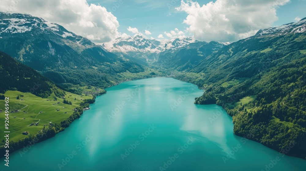 Top-down shot of the tranquil Lake Brienz, with its turquoise waters surrounded by verdant hills and snow-capped mountains. Top-down shot of the tranquil Lake Brienz, with its turquoise waters surrounded by verdant hills and snow-capped mountains.