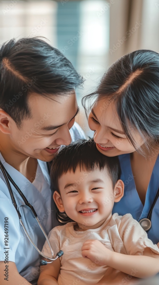 A happy family shares a tender moment together, showcasing love and connection between parents and child A happy family shares a tender moment together, showcasing love and connection between parents and child