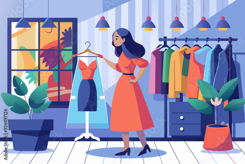 Women's shopping. The girl is trying on a new dress in the store

