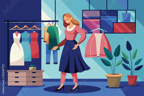 Women's shopping. The girl is trying on a new dress in the store
