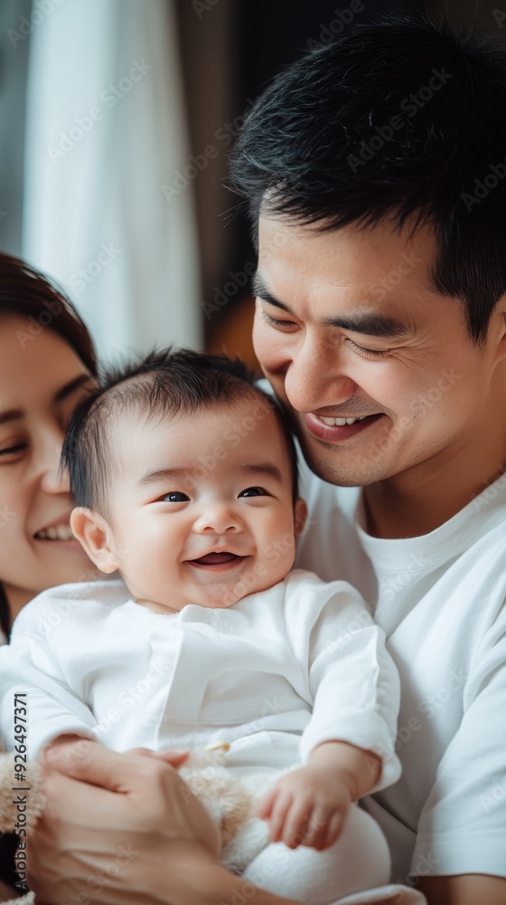 A smiling baby enjoys quality time with happy parents in a warm, loving environment A smiling baby enjoys quality time with happy parents in a warm, loving environment
