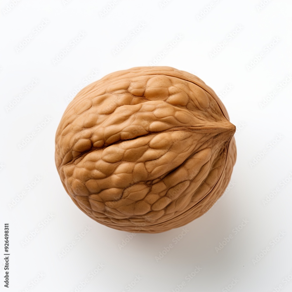 Obraz premium A single brown walnut in its shell is placed on a clean white surface. Walnuts are packed with protein, healthy fats, and antioxidants, making them a nutritious snack choice.