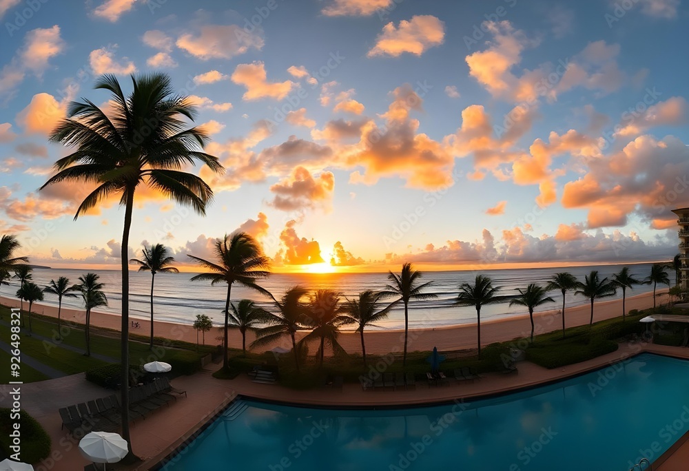 Fototapeta premium Tropical Sunrise Over a Beachfront Resort